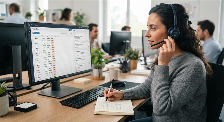 Conseillère au casque téléphonique consultant un dossier client à l'écran