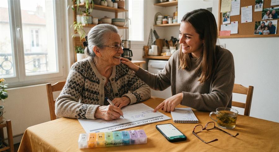 Une aidante accompagne une personne âgée dans la gestion de son planning et de ses médicaments à domicile