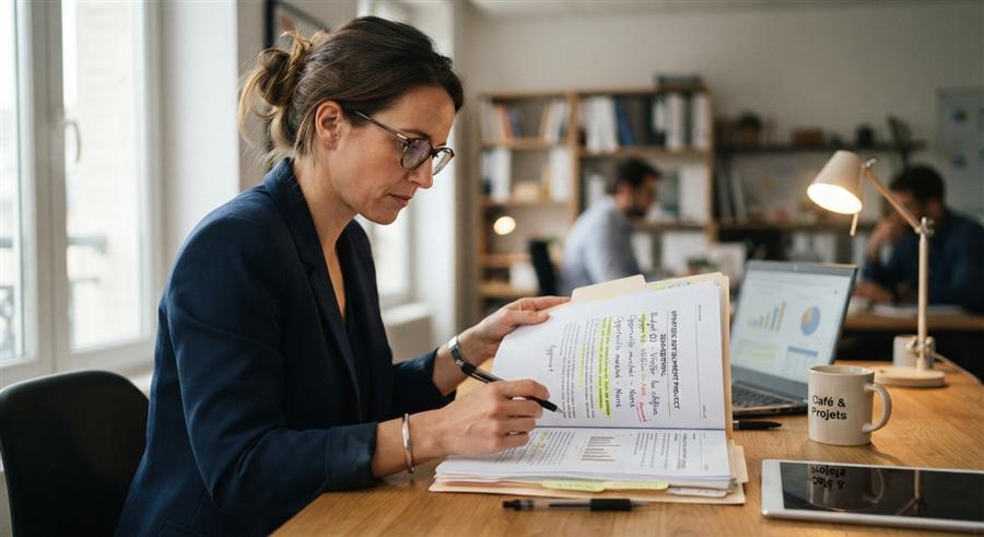 Une conseillère examine attentivement un dossier avec des documents et des graphiques